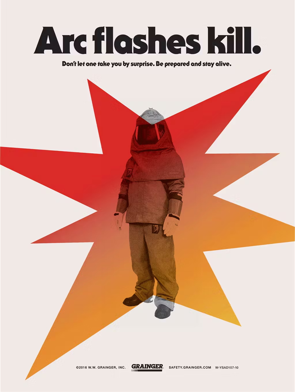 Worker in full arc flash protective gear stands in front of a red-orange explosion graphic, with bold text reading “Arc flashes kill” and a warning to stay prepared, promoting electrical safety from Grainger.