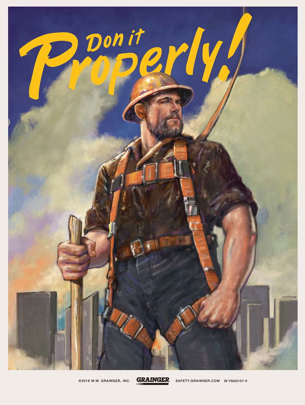 Painterly illustration of a confident construction worker wearing a full-body safety harness with the text “Don it Properly!” promoting proper fall protection from Grainger.