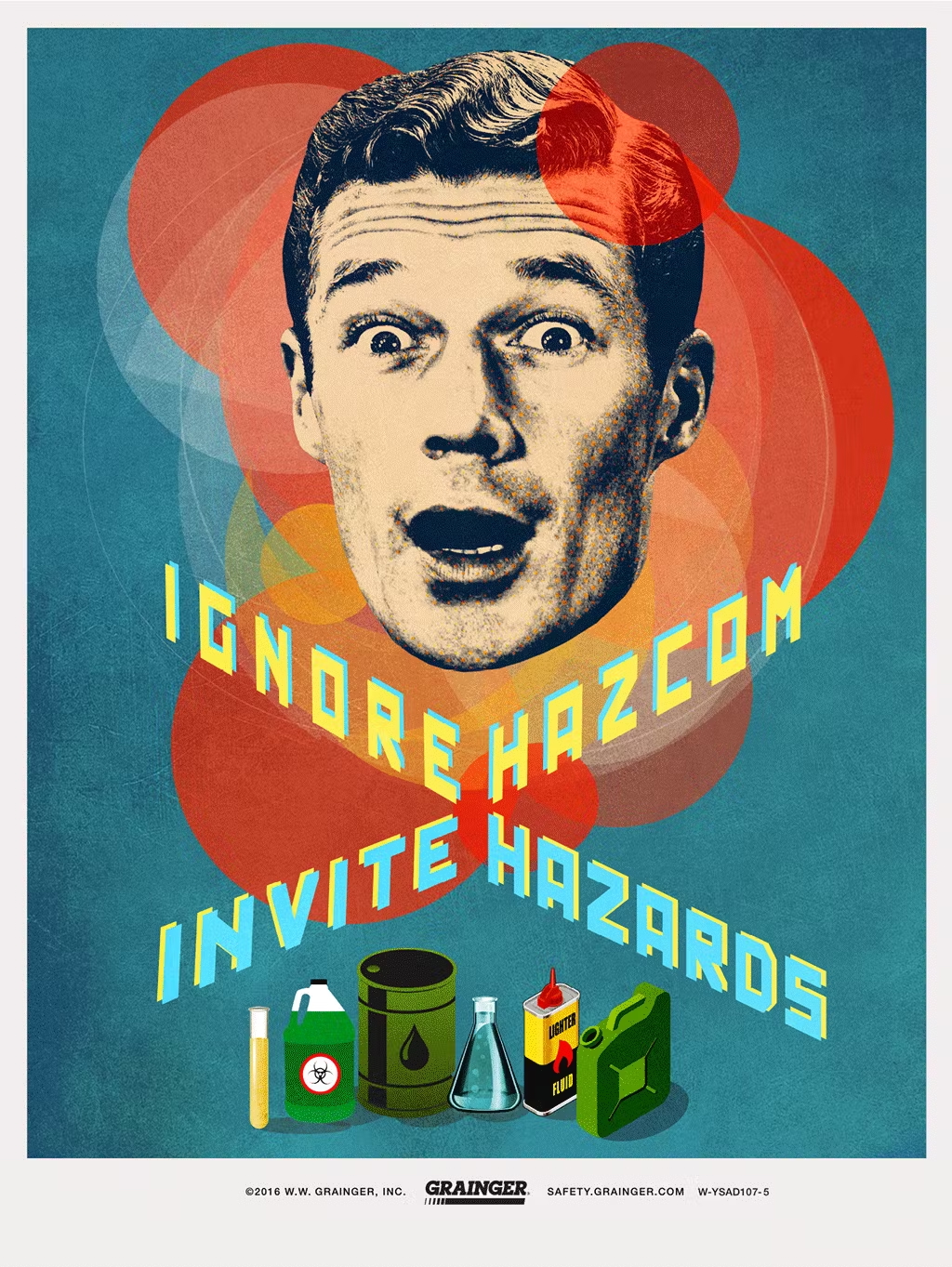 Retro-style poster featuring a surprised man’s face with the text “IGNORE HAZARDS, INVITE HAZCOM” above various hazardous chemical containers, promoting hazard communication safety from Grainger.