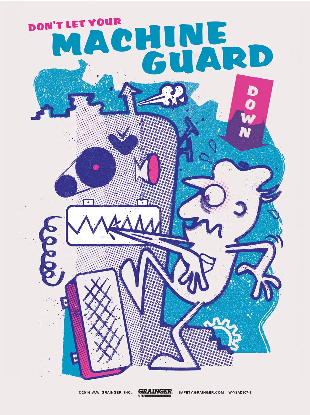 Cartoon-style illustration of a person getting their arm caught in a machine with the guard removed, alongside the text “DON’T LET YOUR MACHINE GUARD DOWN,” promoting machine safety from Grainger.