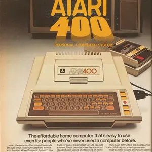 Vintage advertisement for the Atari 400 home computer, featuring the system with its membrane keyboard and bold headline “Introducing Atari 400.”
