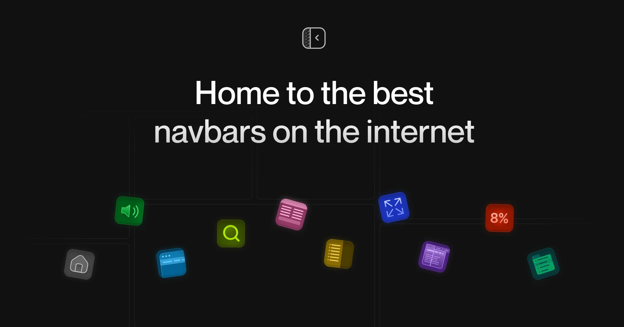 Large white headline "Home to the best navbars on the internet" on a dark background with colorful floating navbar icons.