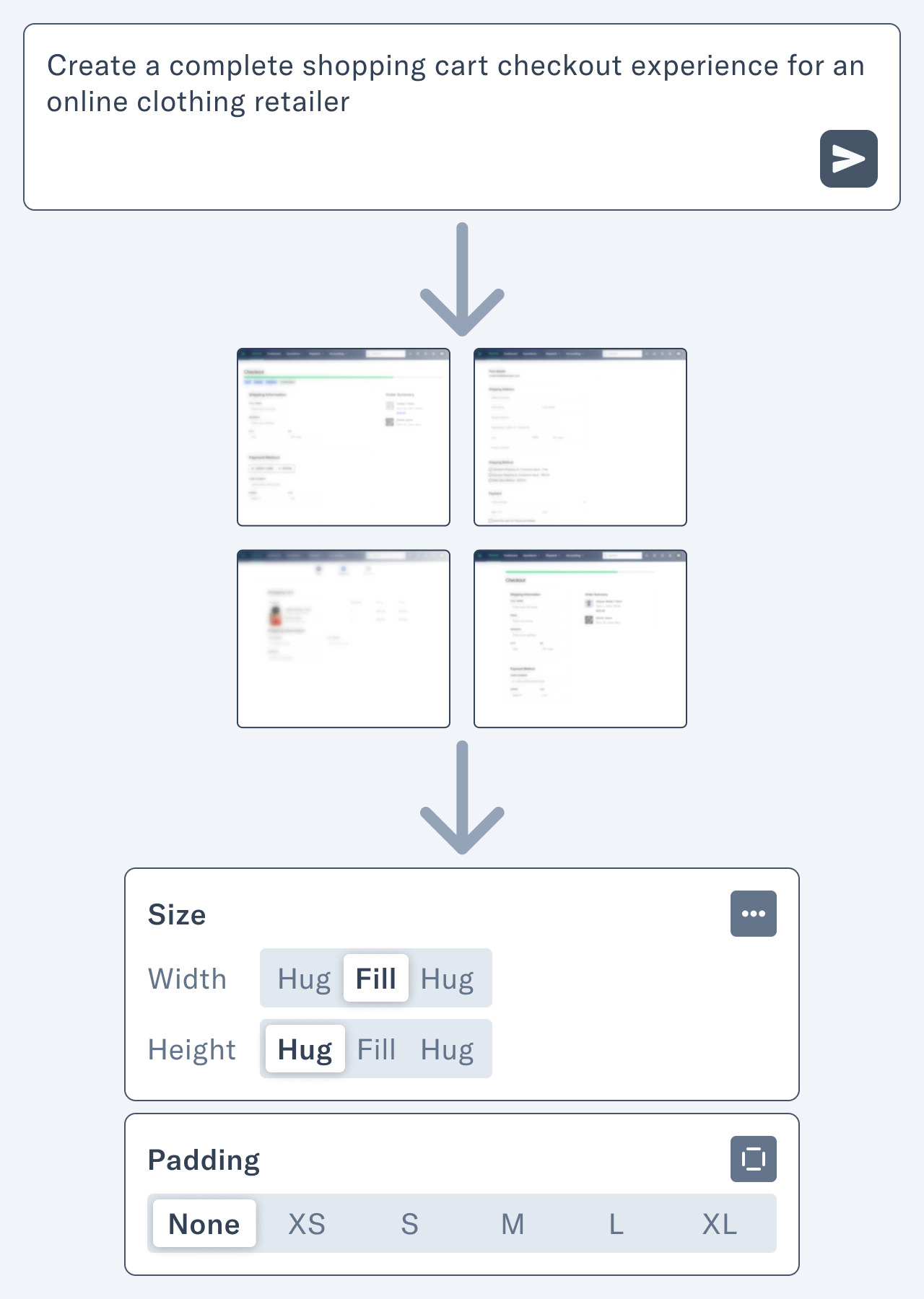 A diagram showing the process flow of creating a shopping cart checkout experience. At the top is a prompt box, which leads to four generated layout options below it. The bottom portion shows configuration panels for adjusting size and padding properties of the selected design.