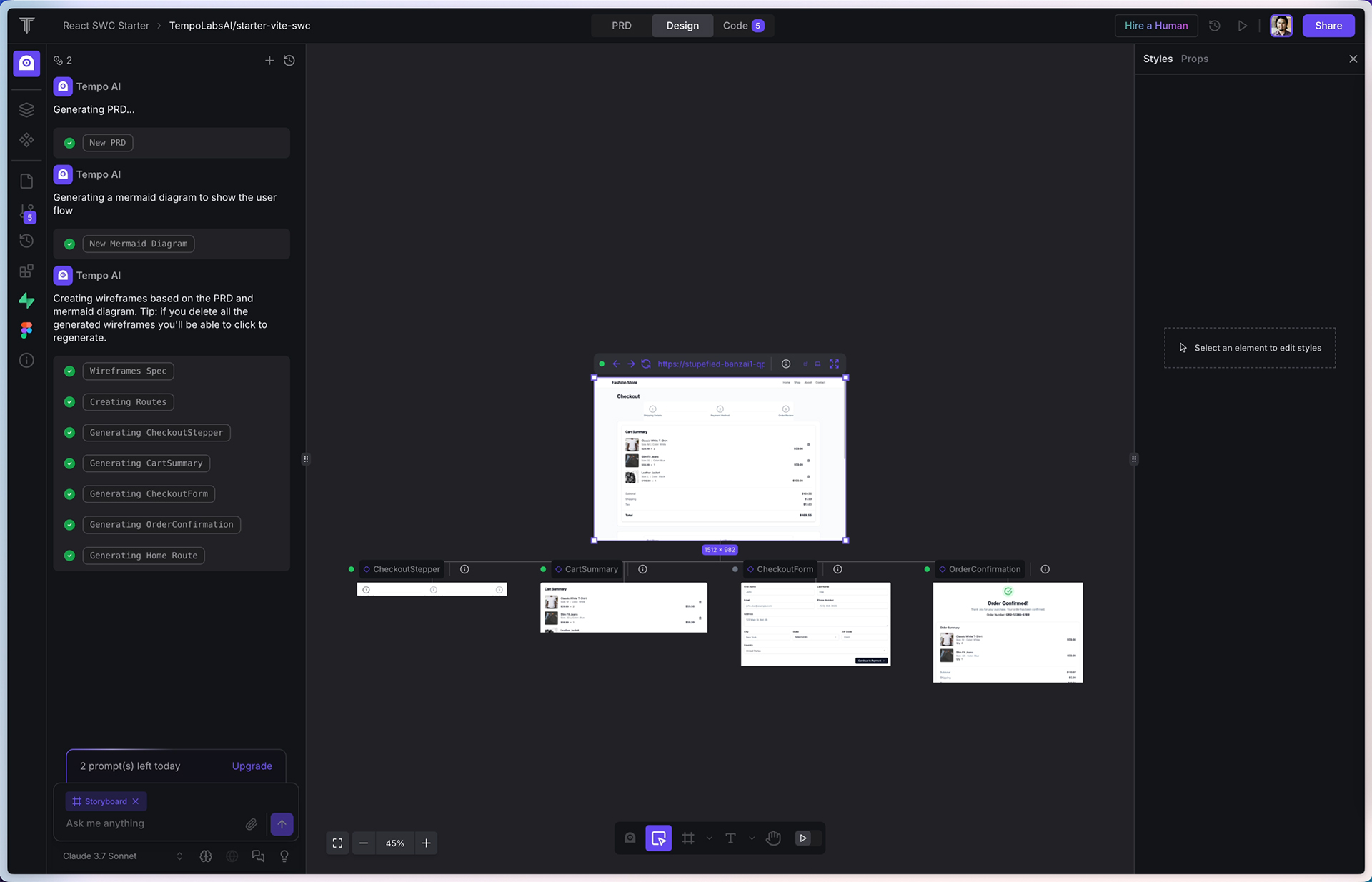 A screenshot of Tempo, an AI-powered design tool interface showing the generation of a complete checkout experience. The left sidebar displays a history of AI-assisted tasks including generating PRD, mermaid diagrams, wireframes and components. The center shows a checkout page preview with cart summary, checkout form, and order confirmation screens visible in a component-based layout.