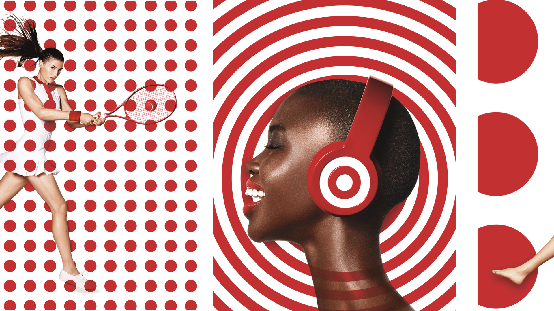 Collage of three images: Woman playing tennis, woman with headphones, abstract pattern.