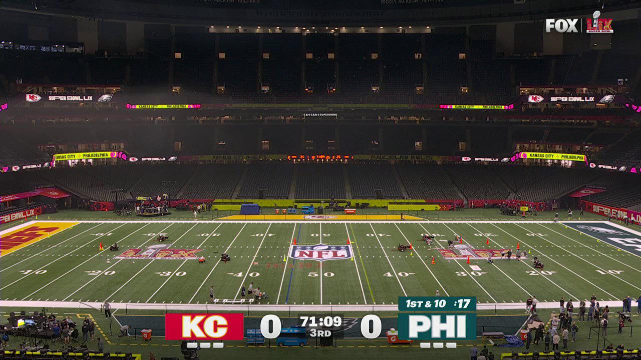 Empty stadium with FOX’s updated Super Bowl LIX scoreboard graphics displayed during a pre-game broadcast test.